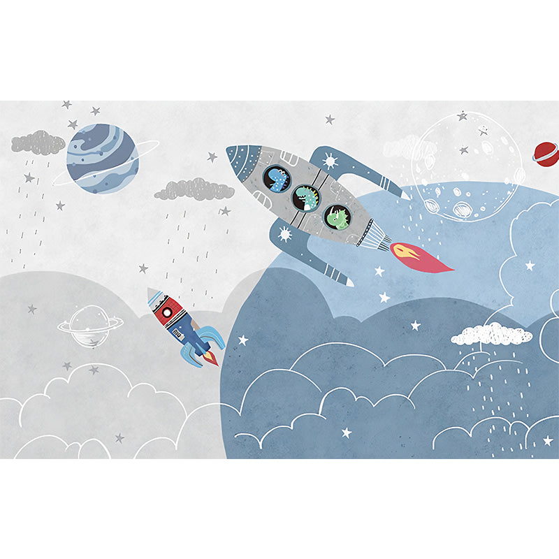 Blue and Grey Rocket Mural Waterproof Wall Covering for Children's Bedroom