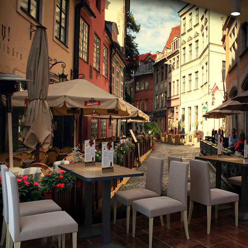 European Street Wall Mural in Brown, Minimalist Wall Covering for Coffee Shop