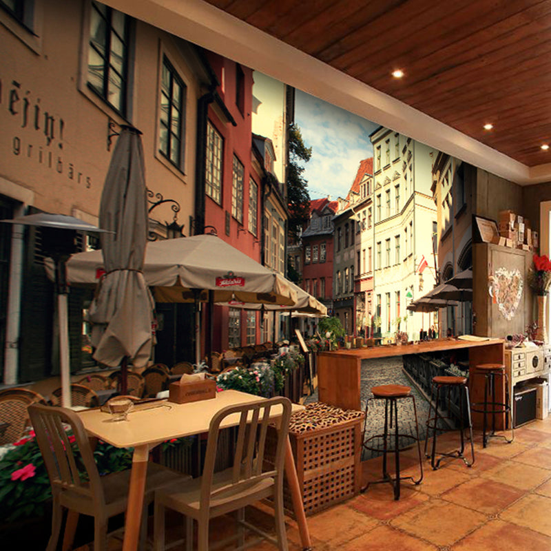 European Street Wall Mural in Brown, Minimalist Wall Covering for Coffee Shop
