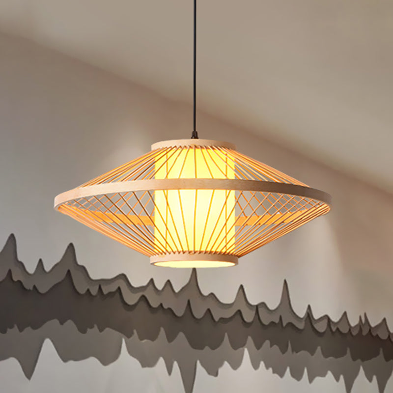 19,5 "/23,5" Dia-Saucer Suspended Lampe Moderne Stil Bambus 1-Bulb Schwarz/Beige Hängende Leuchte für Wohnzimmer