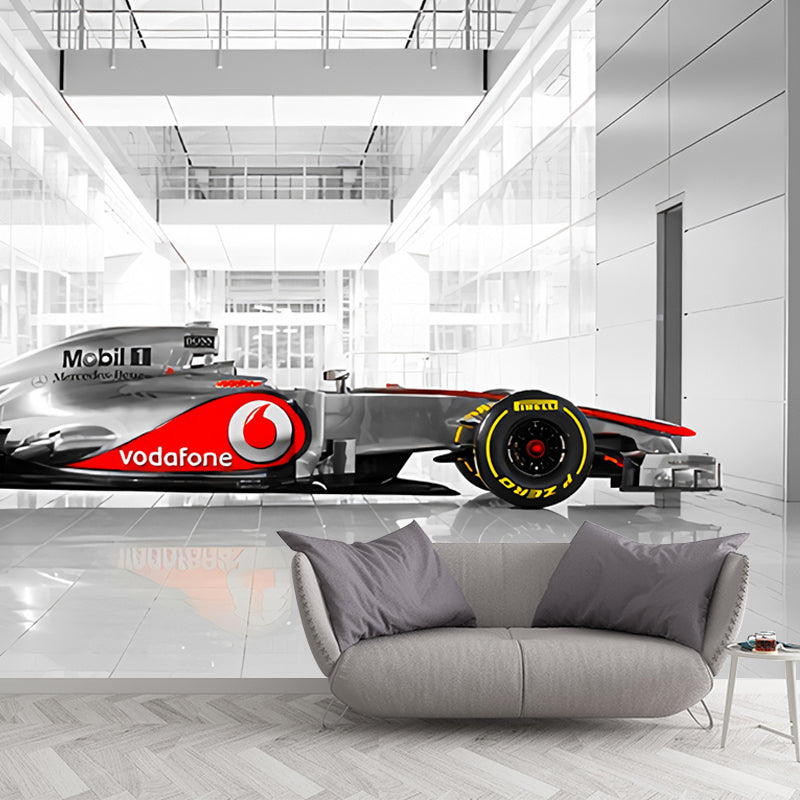 Giant Race Car Wall Art Grey and Red Non-Woven Fabric Wall Mural for Home Decor, Custom-Printed