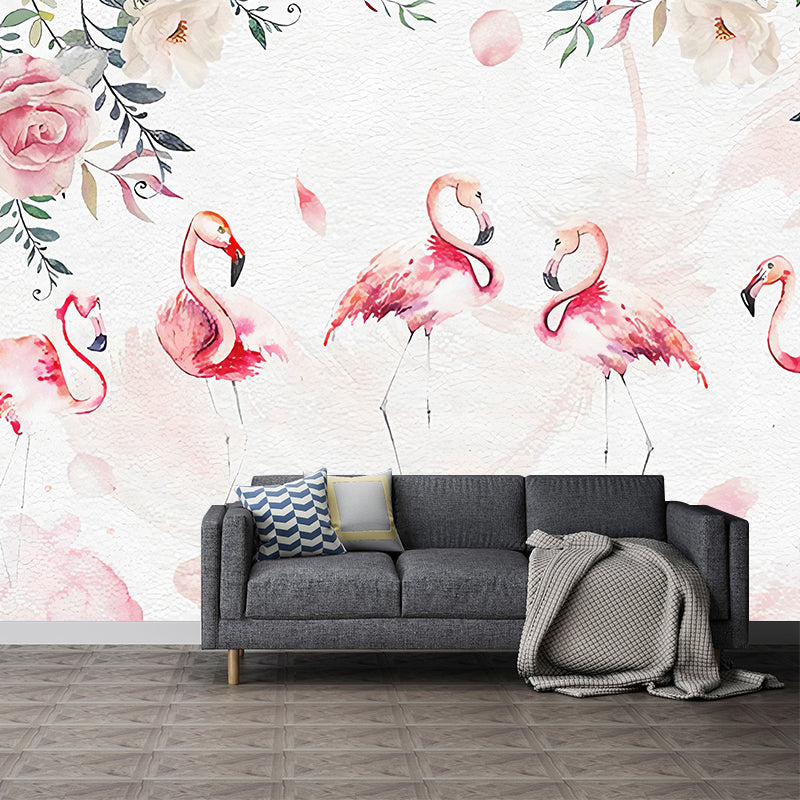 Pink Flamingo Wall Art Water-Resistant Mural Wallpaper for Girl's Bedroom