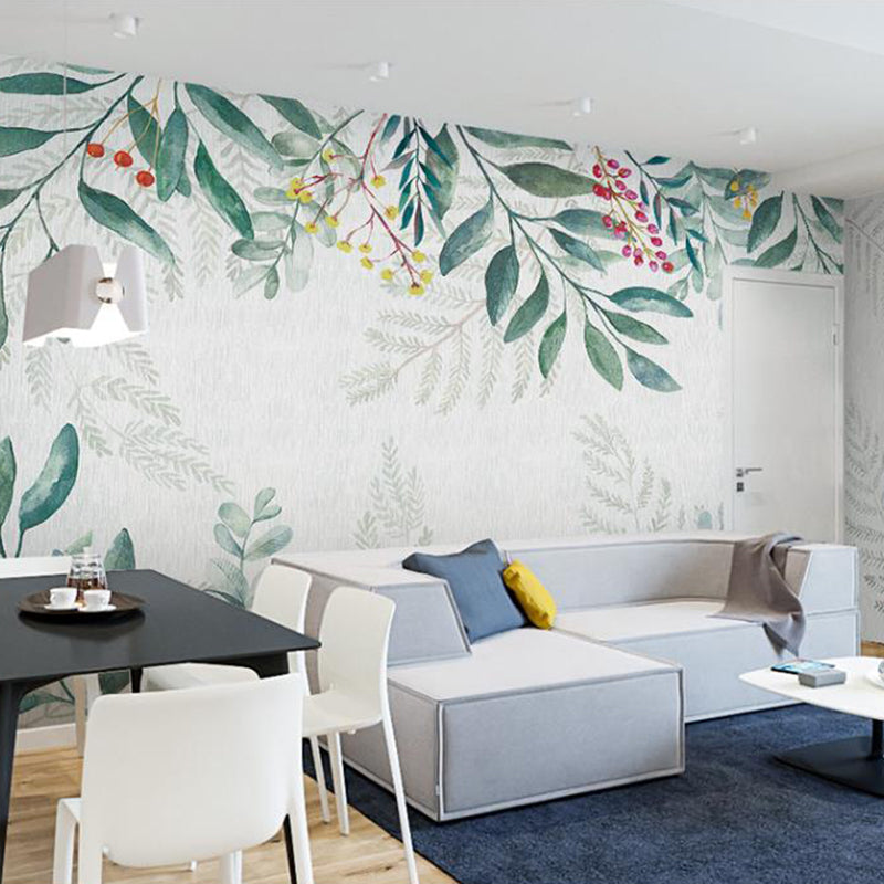 Full Nordic Mural Wallpaper Pastel Green Leaf and Stem Wall Decor, Made to Measure