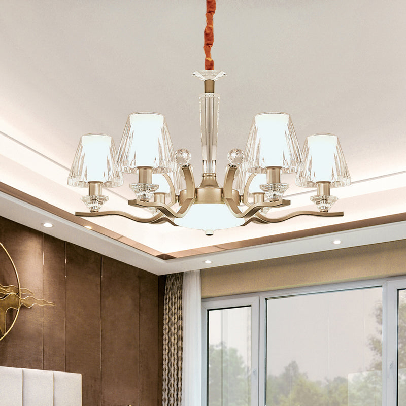 Klarer Kristallglaskegel Hanglampe Kit Moderne 6 Glühbirnen Schlafzimmer Kronleuchter in Gold