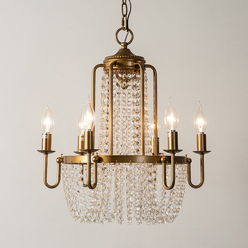 Crystal Strand Gold Chandelier Lighting Basket 6-Light Farmhouse Candle Hanging Pendant