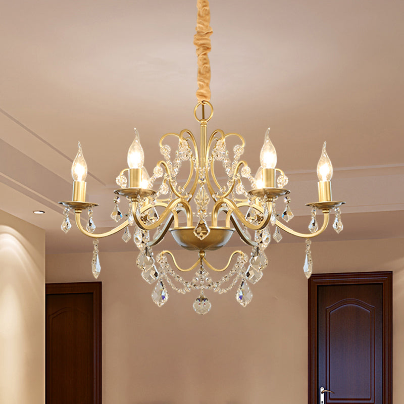 6 Bulbs Candle Hanging Chandelier Country Style Gold Finish Crystal Swag Pendulum Light