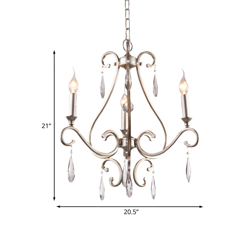 Crystal Teardrop Suspension Light Farmhouse 3 Heads Bedroom Candle Pendant Chandelier in Gold with Scroll Arm
