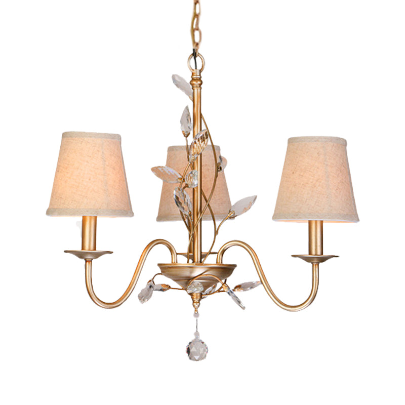 3 Lights Hanging Lighting Traditional Branch Faceted Crystal Chandelier Lamp in Gold with Barrel Burlap Shade