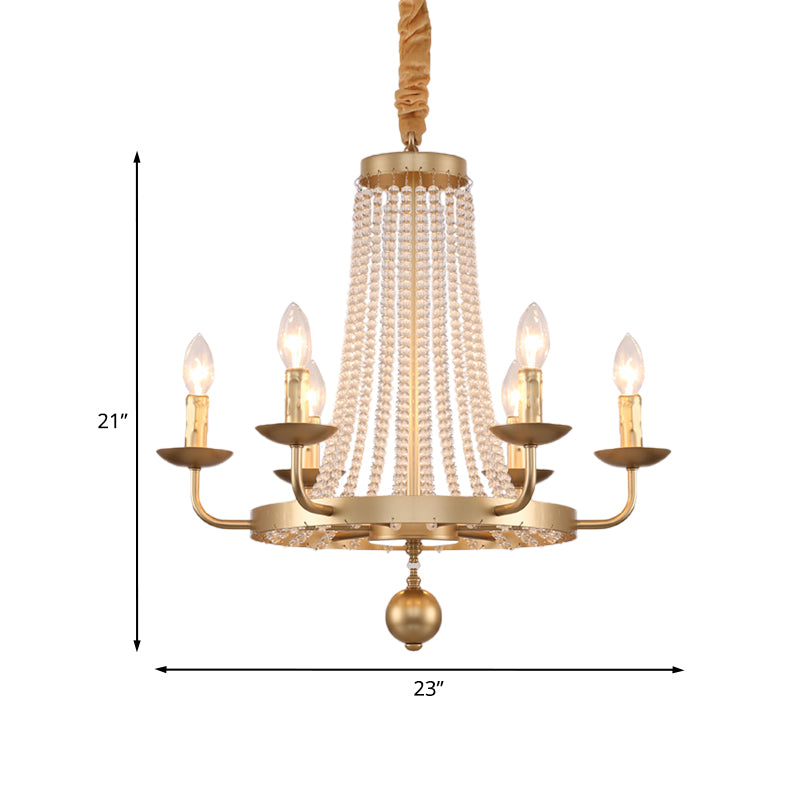6-Light Ring Hanging Chandelier Country Style Gold Finish Crystal Strand Candle Ceiling Lamp Fixture