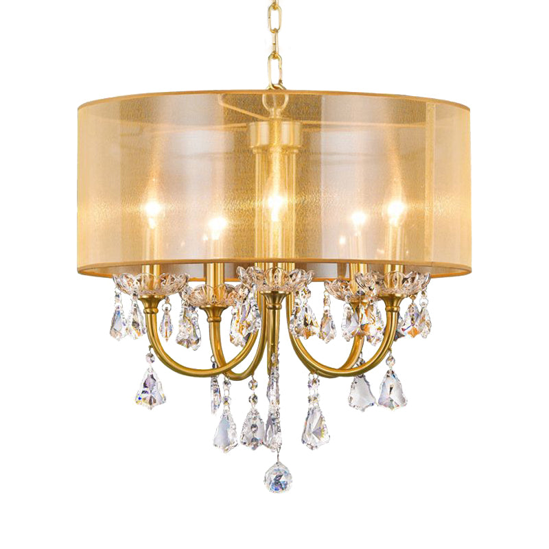 Clear Crystal Glass Candle Ceiling Pendant Light Warehouse 5 Lights Dining Room Chandelier with Drum Threaded Silk Shade in Brass