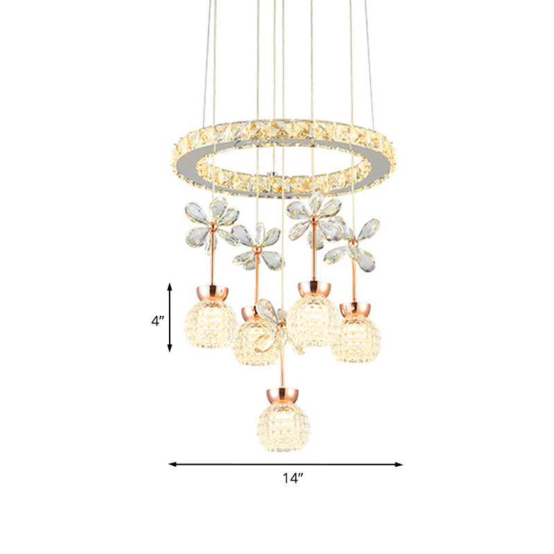 Chrome LED Hanging Lighting Modernist Clear Beveled Crystal Dome and Ring Pendulum Lamp with Flower Design