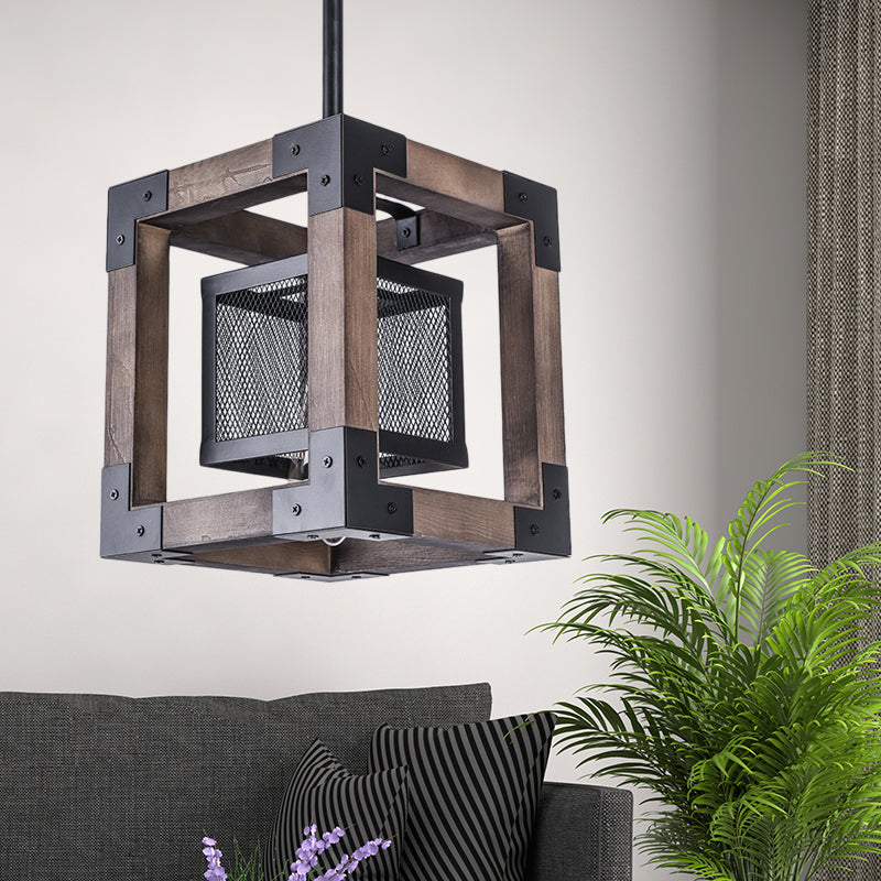 Braunes Drahtgitter anheizt helles Industrialmetall Ein Glühbirnenhänge -Lampe mit quadratischem Schatten