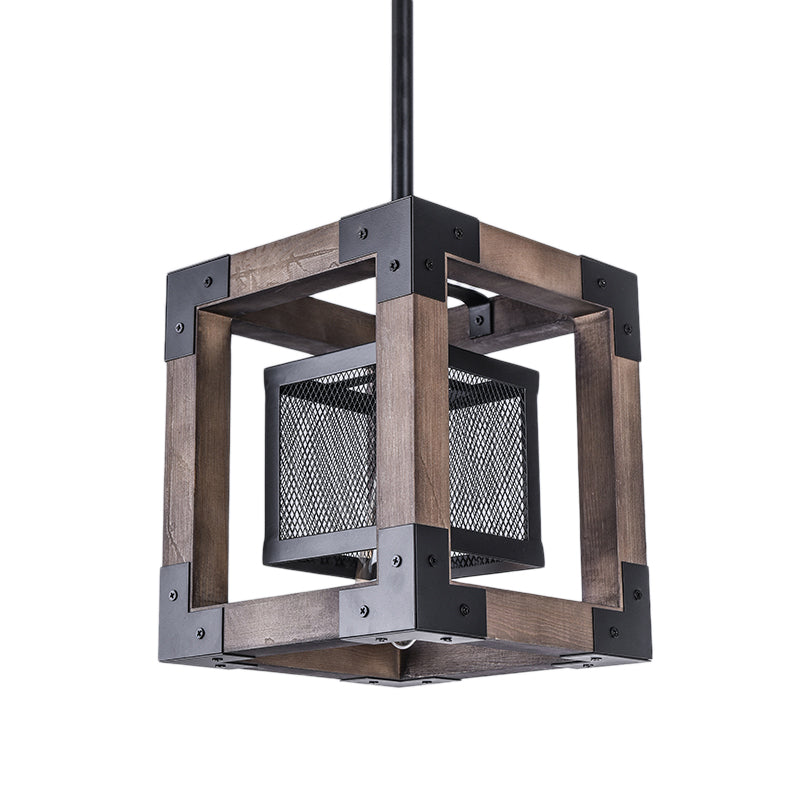 Braunes Drahtgitter anheizt helles Industrialmetall Ein Glühbirnenhänge -Lampe mit quadratischem Schatten