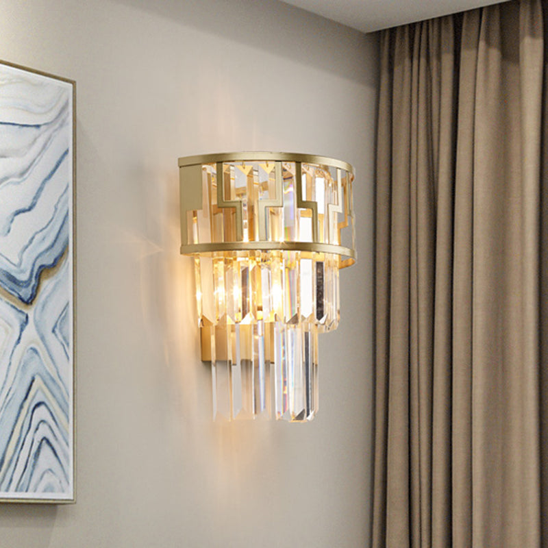 Tiered Bedside Flush Wall Sconce Rectangle-Cut Crystal 2 Lights Modern Wall Lamp in Gold