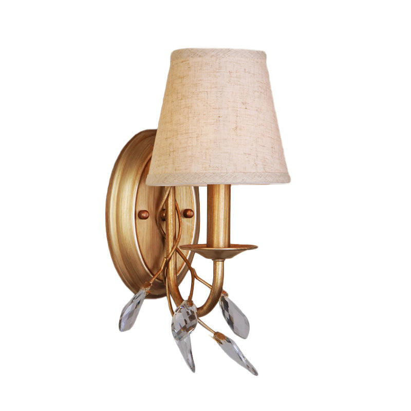 1-Light Barrel Wall Mount Lighting Country Style Gold Finish Fabric Wall Lamp with Branch Crystal Deco