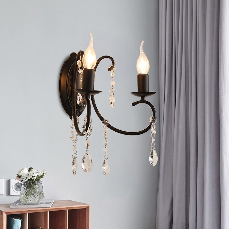 Black Candle-Style Wall Lamp Fixture Country Metal 2 Heads Corridor Crystal Wall Lighting Idea