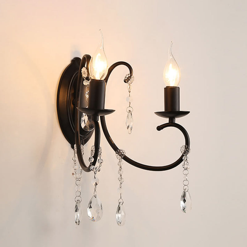 Black Candle-Style Wall Lamp Fixture Country Metal 2 Heads Corridor Crystal Wall Lighting Idea