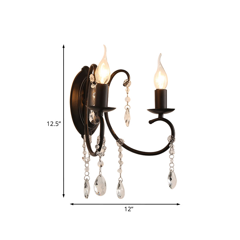 Black Candle-Style Wall Lamp Fixture Country Metal 2 Heads Corridor Crystal Wall Lighting Idea