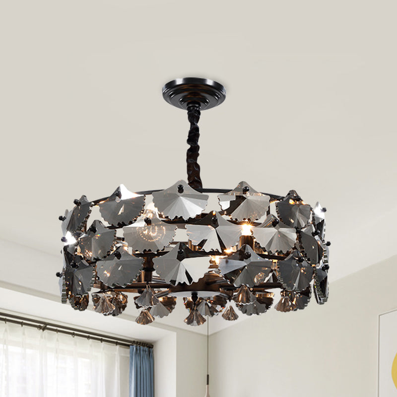6 luci a pendente lampadario modernista modernista a forma di batteria cristallo ginkgo lampada sospesa in nero