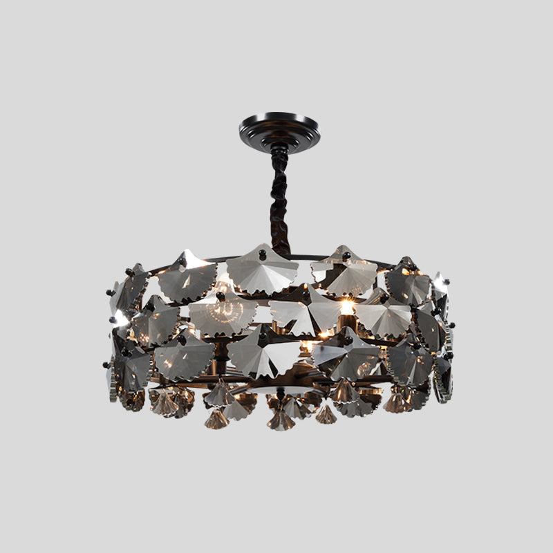 6 luci a pendente lampadario modernista modernista a forma di batteria cristallo ginkgo lampada sospesa in nero