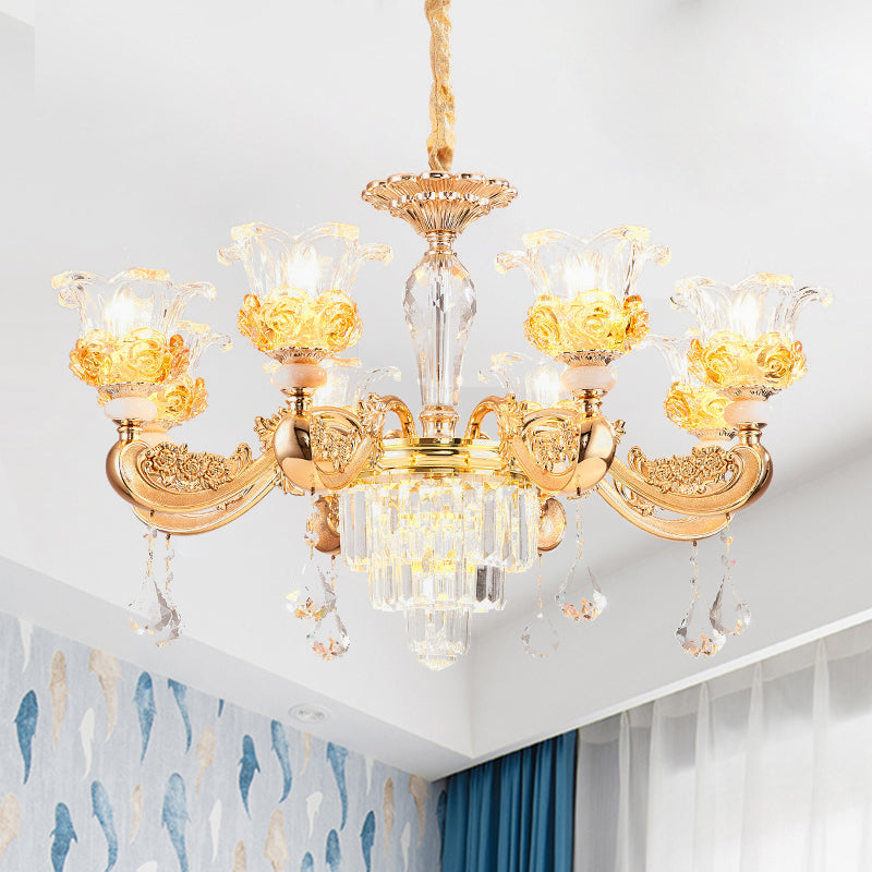 Kristalbloemen omhoog kroonluchter traditionele 8 bollen woonkamer hanglamp lamp in goud in goud