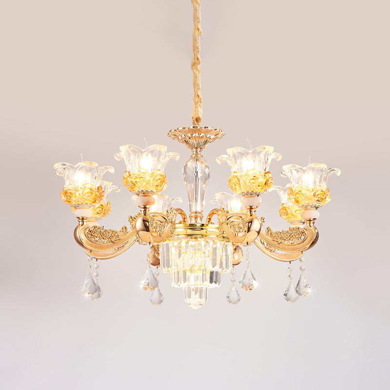 Kristallblüten auf Kronleuchter traditioneller 8 Lampen Wohnzimmer Anhänger Leuchte in Gold