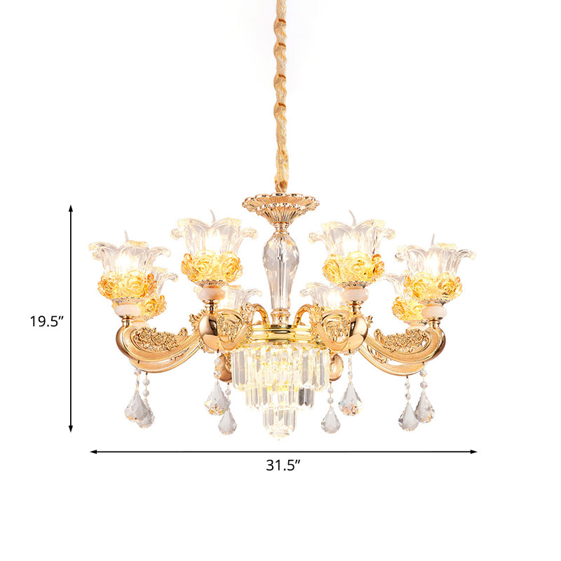 Crystal Flowers Up Chandelier Traditional 8 Bulbs Living Room Pendant Light Fixture in Gold