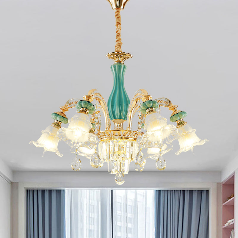 6-head hangende bloem kroonluchter retro goud-neal matglas suspensielamp met kristal accent