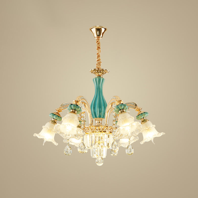 6-Head Drooping Flower Chandelier Retro Gold-Teal Frosted Glass Suspension Lamp with Crystal Accent