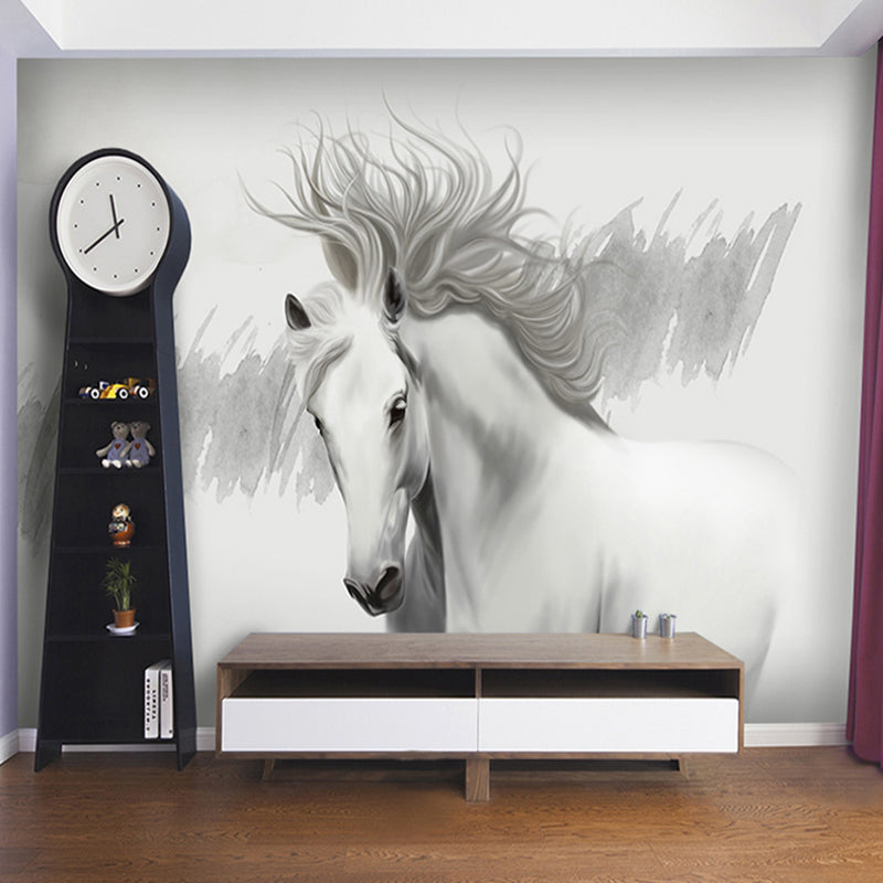 Minimalist Horse Wall Art in Grey and White Coffee Shop Mural Wallpaper, Personalized Size Available