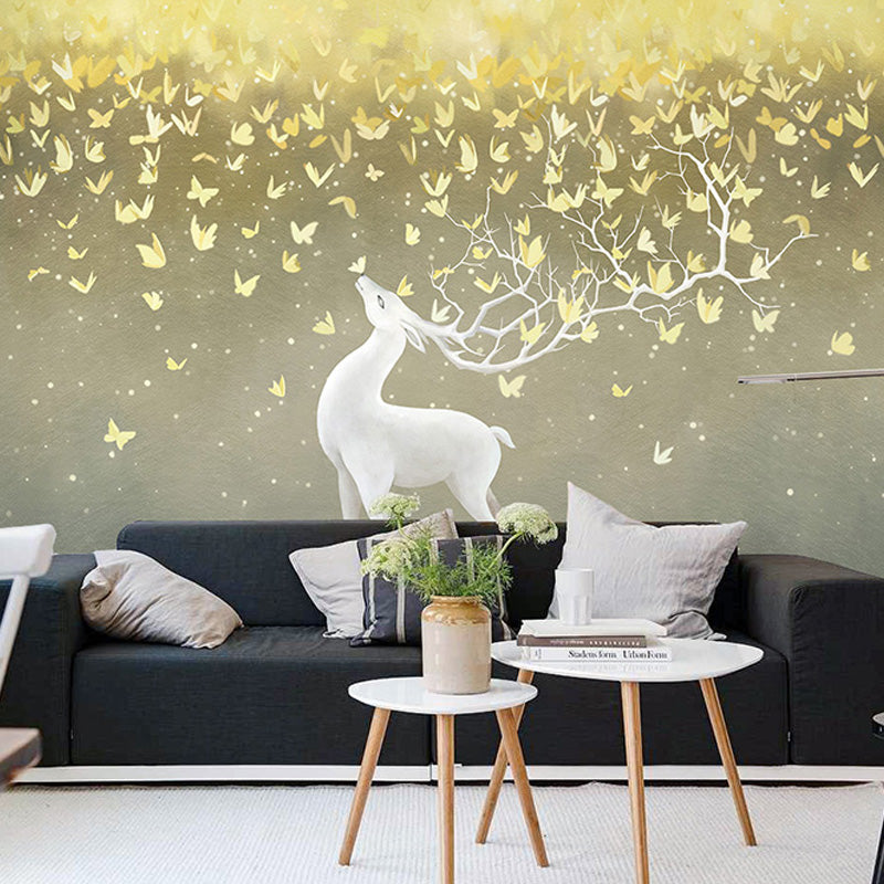White and Gold Deer Wall Art Water-Resistant Mural Wallpaper for Living Room