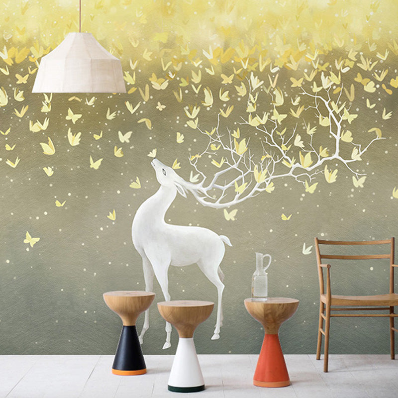 White and Gold Deer Wall Art Water-Resistant Mural Wallpaper for Living Room