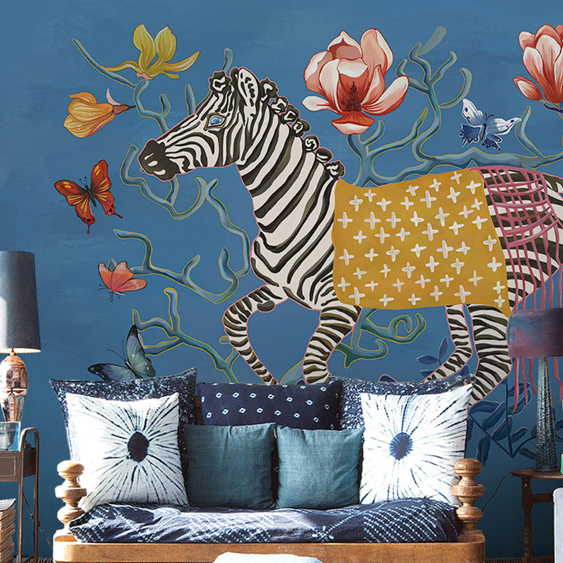 Classic Zebra and Flower Mural for Accent Wall, Big Wall Covering in Natural Color