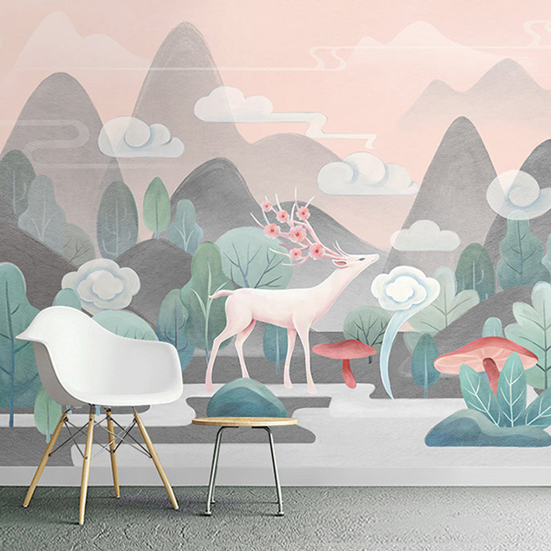 Contemporary Grey and Green Mural with Deer and Mountain Pattern for Commercial Use, Non-Woven Material