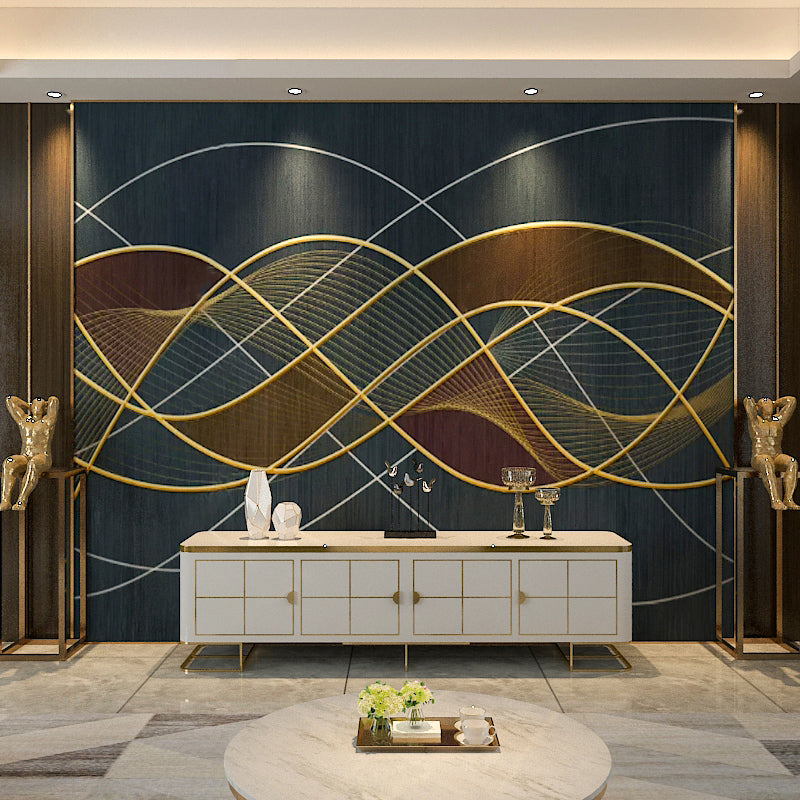 Modern Swirling Line Mural Wallpaper Dark Blue Coffee Shop Wall Covering, Full Size