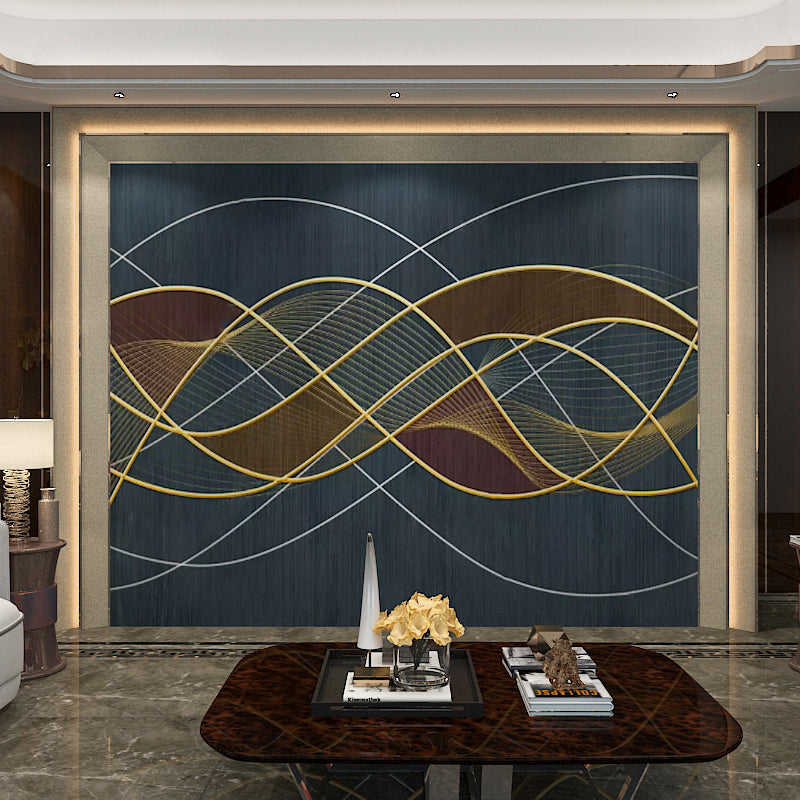 Modern Swirling Line Mural Wallpaper Dark Blue Coffee Shop Wall Covering, Full Size