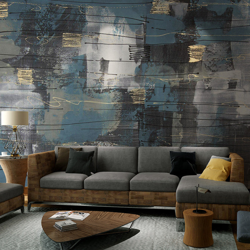 Full Size Color Block Mural in Blue and Grey Non-Woven Fabric Wall Covering for Home Decoration, Made to Measure