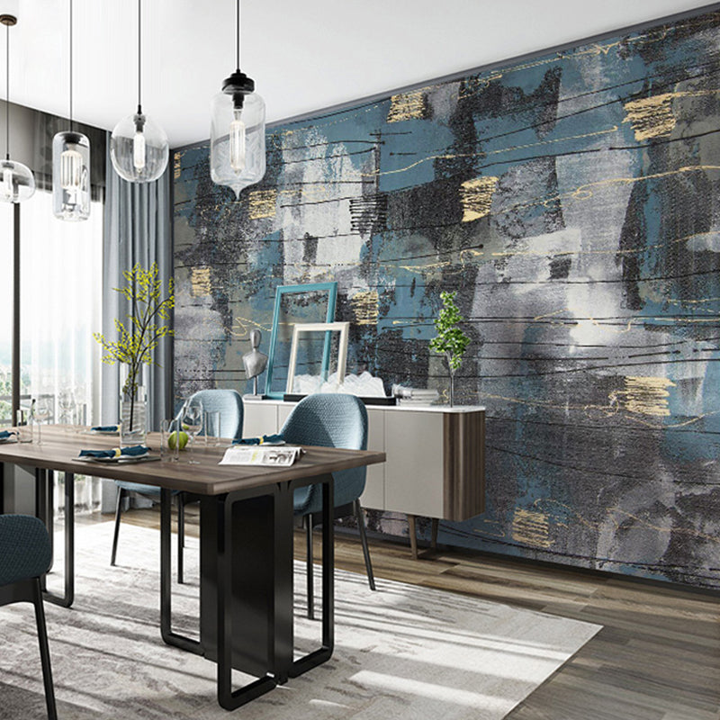 Full Size Color Block Mural in Blue and Grey Non-Woven Fabric Wall Covering for Home Decoration, Made to Measure