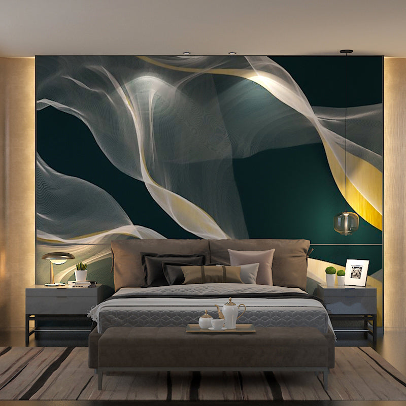 Minimalist Swirling Smoke Wall Art for Office Room, Big Wall Covering in Dark Green