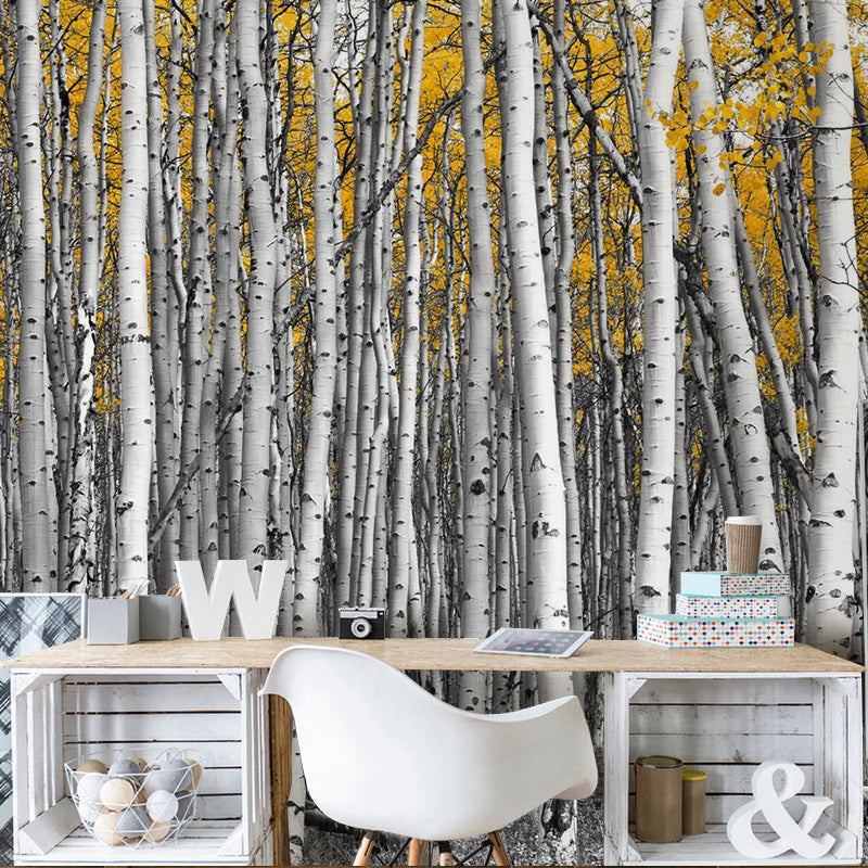Big Photo Style Simple Mural for Home Decoration with Birch Tree Design in Grey and Yellow