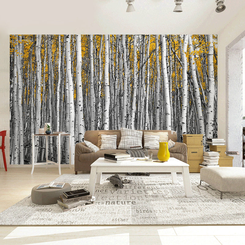 Big Photo Style Simple Mural for Home Decoration with Birch Tree Design in Grey and Yellow