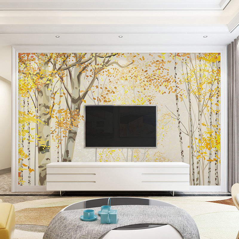 Extra Large Nostalgic Wall Decor Yellow Autumn Forest Wall Mural, Customized Size Available