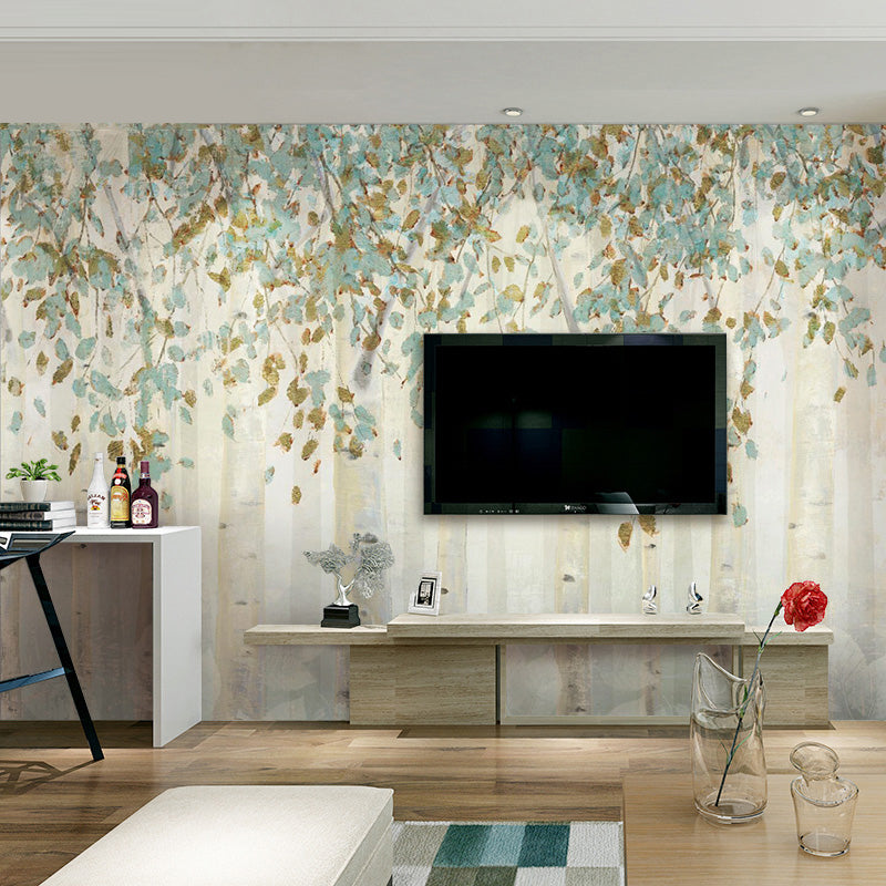 Stain-Resistant Forest Mural Wallpaper Full Size Minimalist Wall Art in Blue and Brown for Living Room