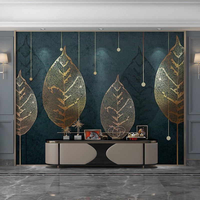 Leaf Wall Covering Living Room Personalized Mural Wallpaper in Blackish Green