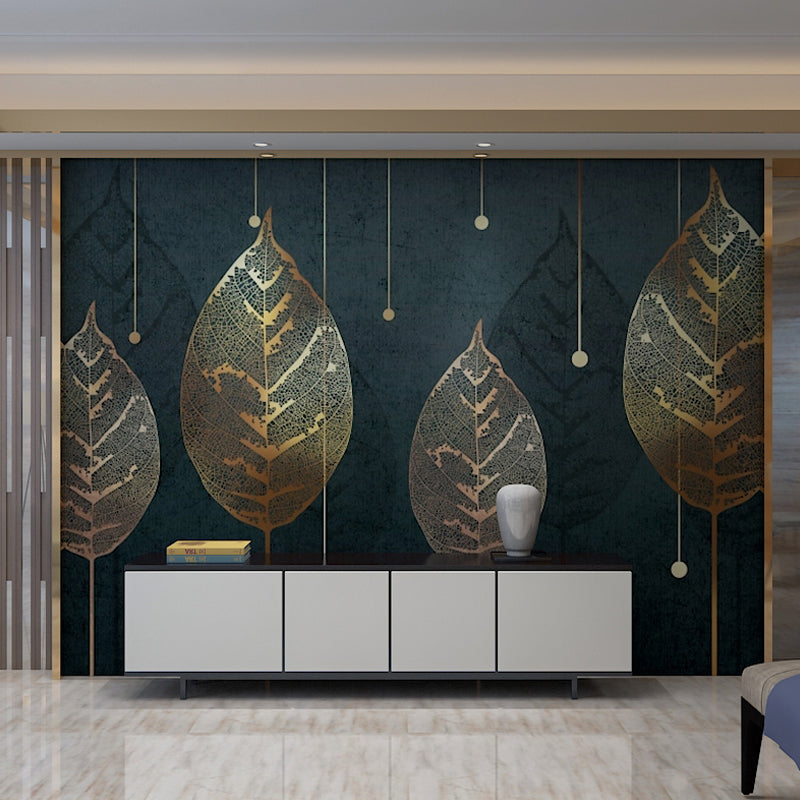 Leaf Wall Covering Living Room Personalized Mural Wallpaper in Blackish Green