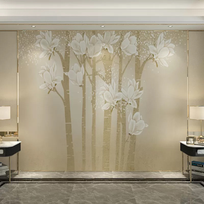 Customized Illustration Minimalist Mural Wallpaper for Living Room with Elegant Magnolia in Beige and Yellow