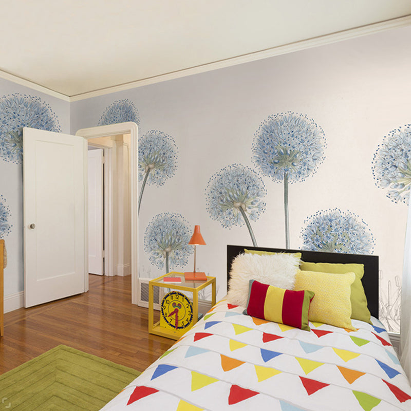 Big Illustration Style Dandelion Mural for Living Room in Grey and Orange, Personalized Size Available