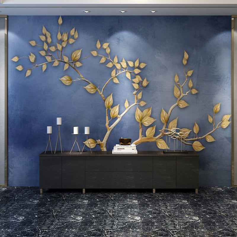 Giant Leaf and Cloud Mural Contemporary Novelty 3D Effect Wall Decor in Blue and Gold