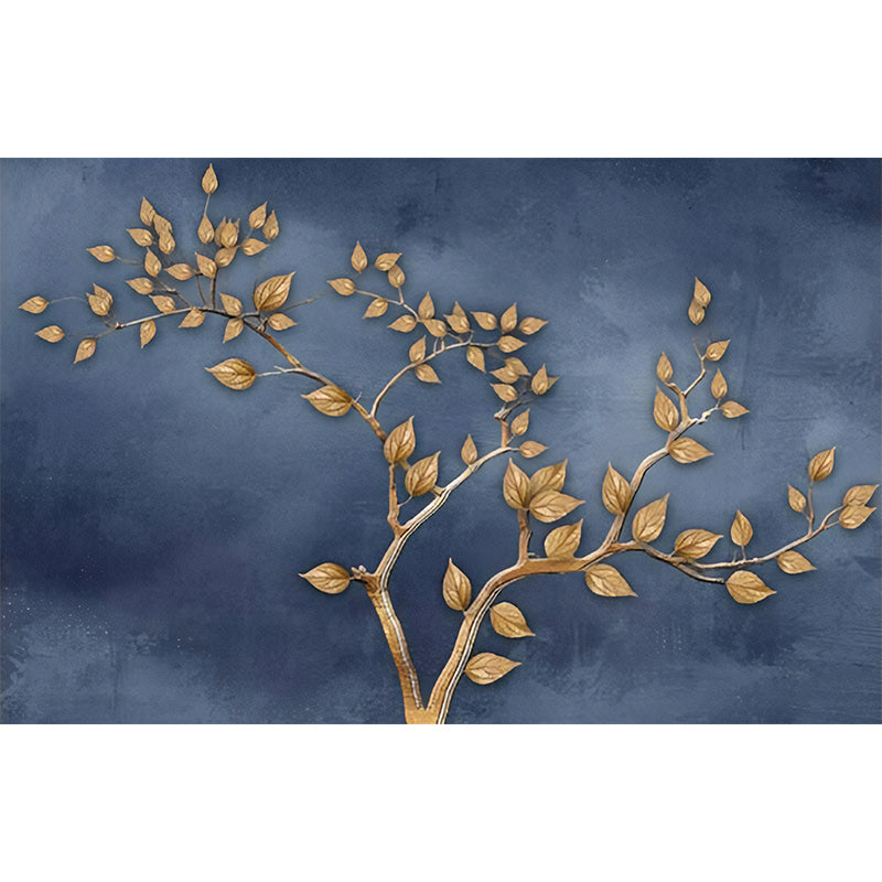 Giant Leaf and Cloud Mural Contemporary Novelty 3D Effect Wall Decor in Blue and Gold