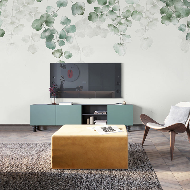 Large Countryside Wall Decor Soft Green Garden and Leaf Mural Wallpaper, Personalized Size Available